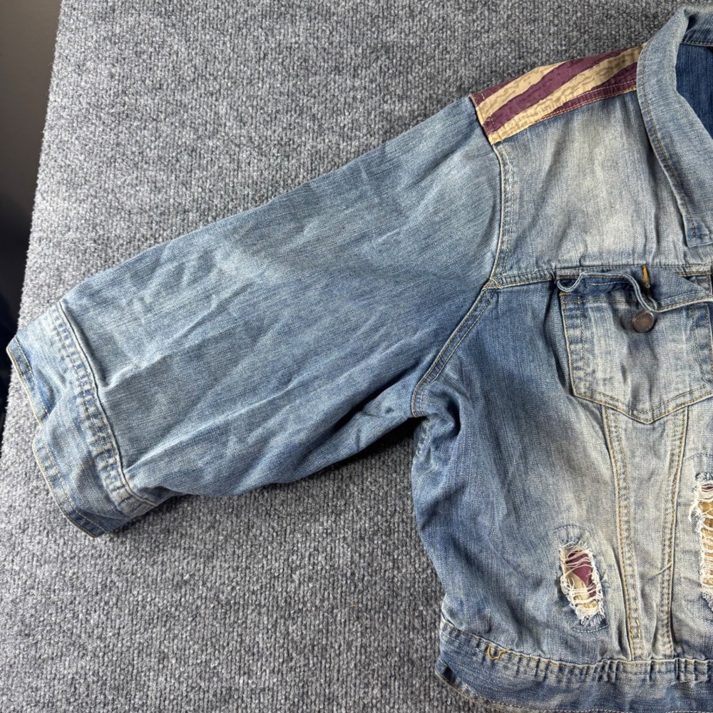 Rocawear Classic Womens 3X Distressed Denim Jacket Americana Logo Cropped Blue - Picture 5 of 11